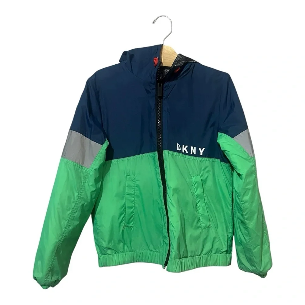 DKNY Reversible Windbreaker Jacket Boys Size 10 Spell Out Color Block